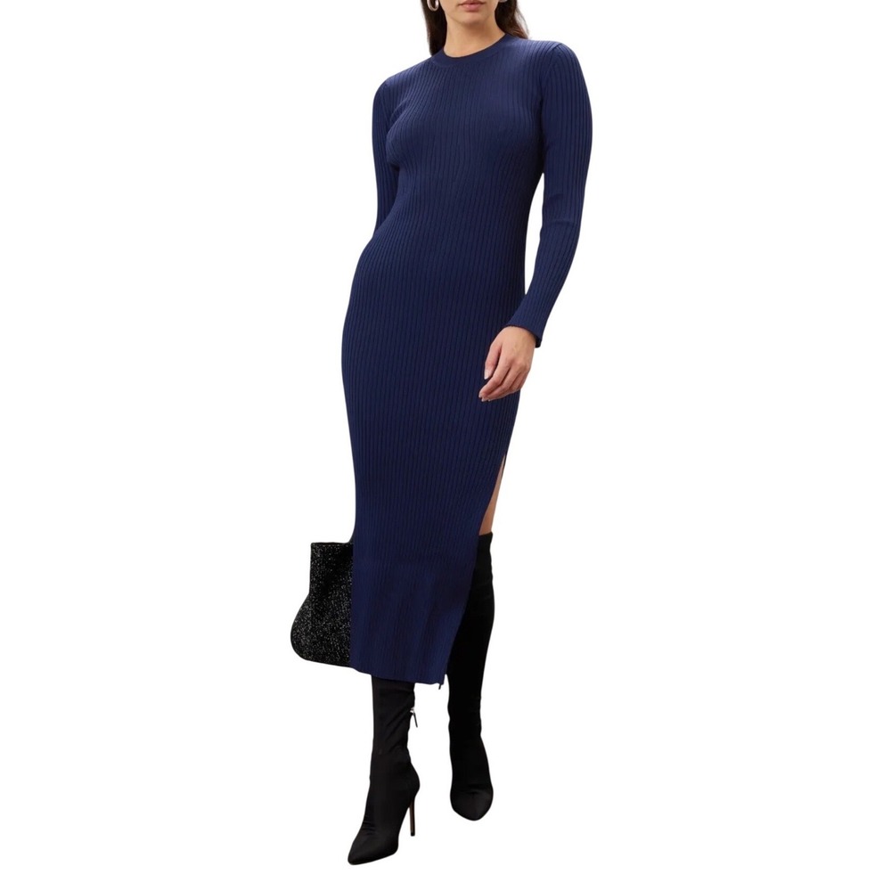 Marina Moscone Ribbed‎ Knit Sweater Dress Navy Long Sleeve Sheath XL Designer